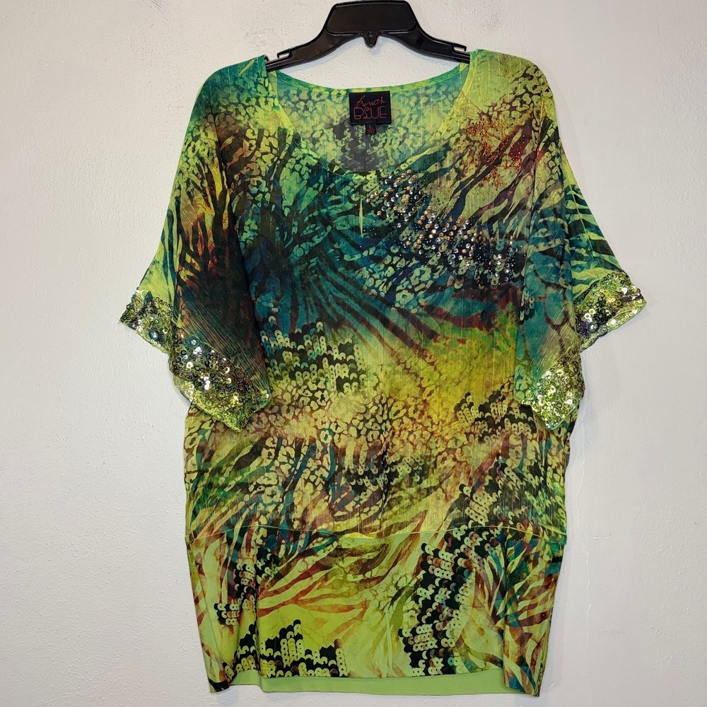 French Blue Animal Print Dolman Top Green Sequin Metallic Blouse Womens L